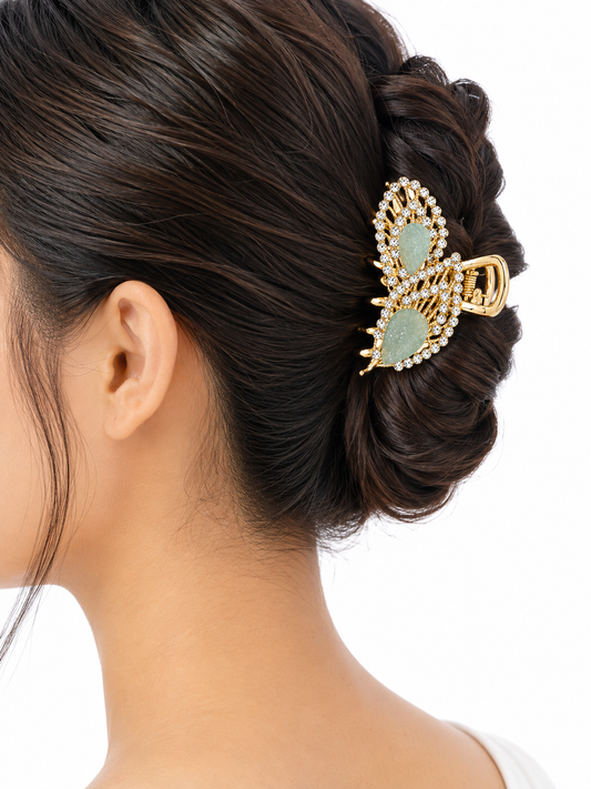 Luxury Gold-Tone Green Crystal Hair Claw Clip for Women Astria Jewellery