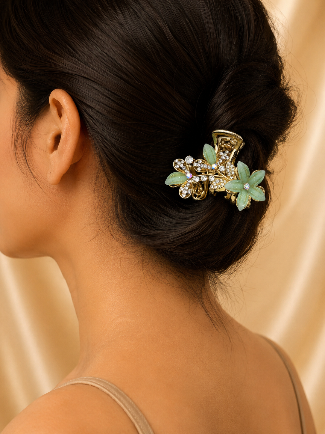 Luxury Gold-Tone Green Floral Crystal Hair Claw Clip for Women Astria Jewellery
