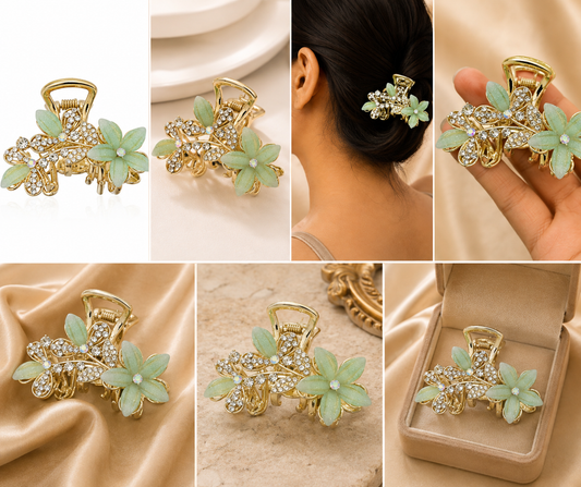 Luxury Gold-Tone Green Floral Crystal Hair Claw Clip for Women Astria Jewellery