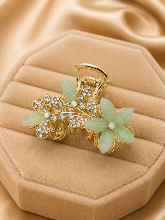 Luxury Gold-Tone Green Floral Crystal Hair Claw Clip for Women Astria Jewellery