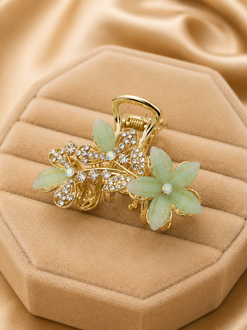 Luxury Gold-Tone Green Floral Crystal Hair Claw Clip for Women Astria Jewellery