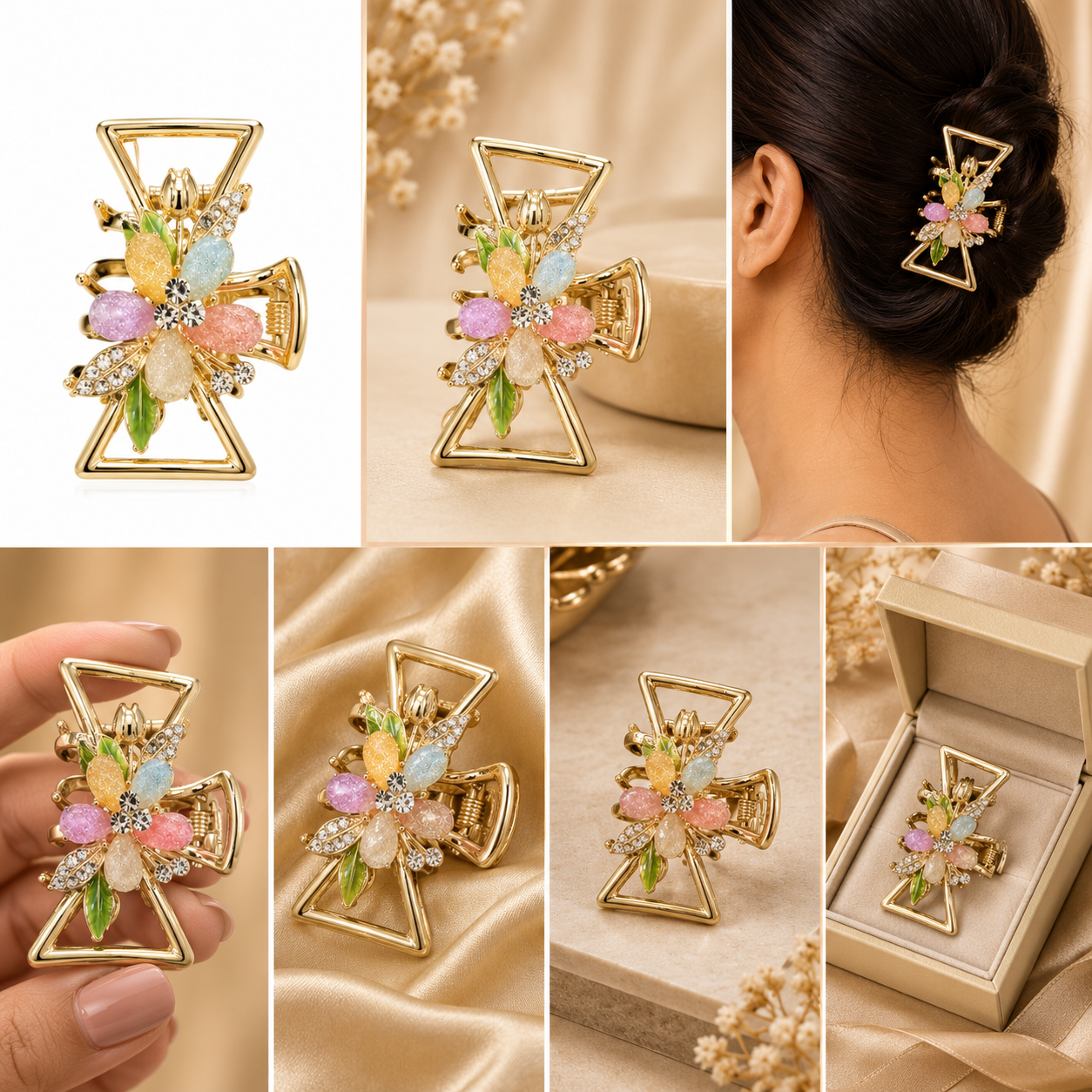 Luxury Gold-Tone Multicolor Floral Crystal Hair Claw Clip for Women Astria Jewellery