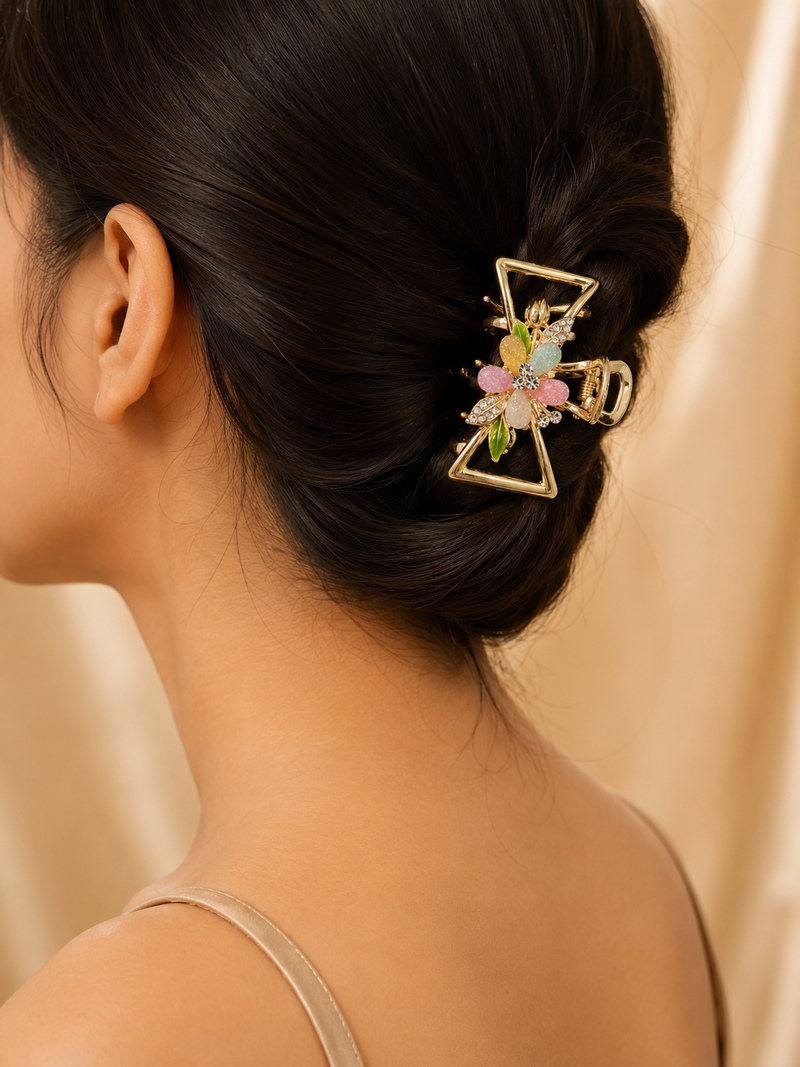 Luxury Gold-Tone Multicolor Floral Crystal Hair Claw Clip for Women Astria Jewellery