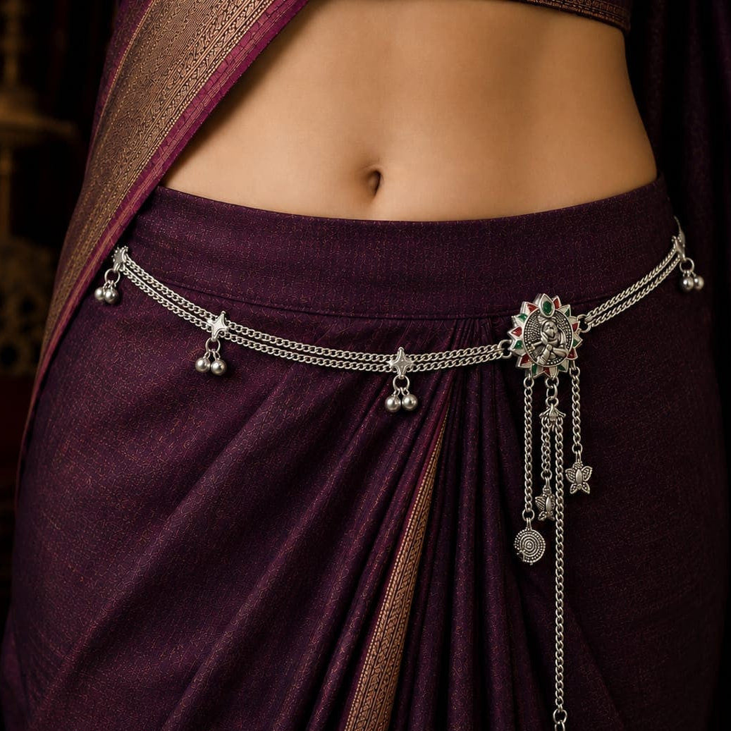 Elegant Silver-Tone Saree Waist Belt with Peacock  Hanging Charms ASTRIA JEWELLERY
