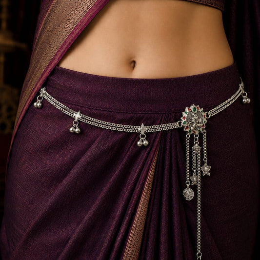 Elegant Silver-Tone Saree Waist Belt with Peacock  Hanging Charms ASTRIA JEWELLERY