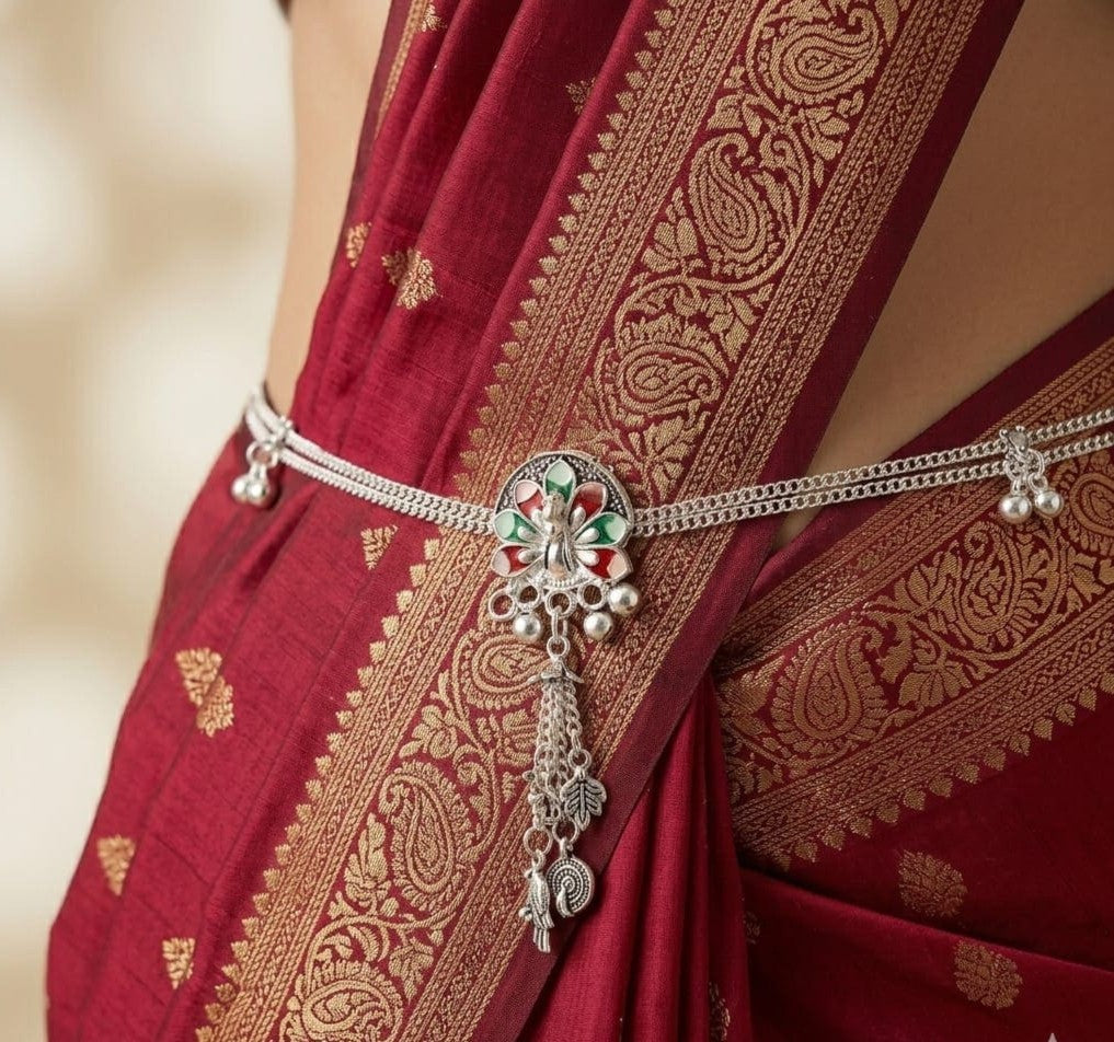 Elegant Silver-Tone Saree Waist Belt with Peacock ASTRIA JEWELLERY