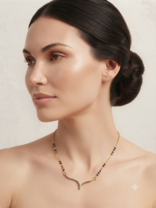 Gold Wave CZ Mangalsutra | Anti-Tarnish Stainless Steel Black Bead Necklace for Women Astria Jewellery