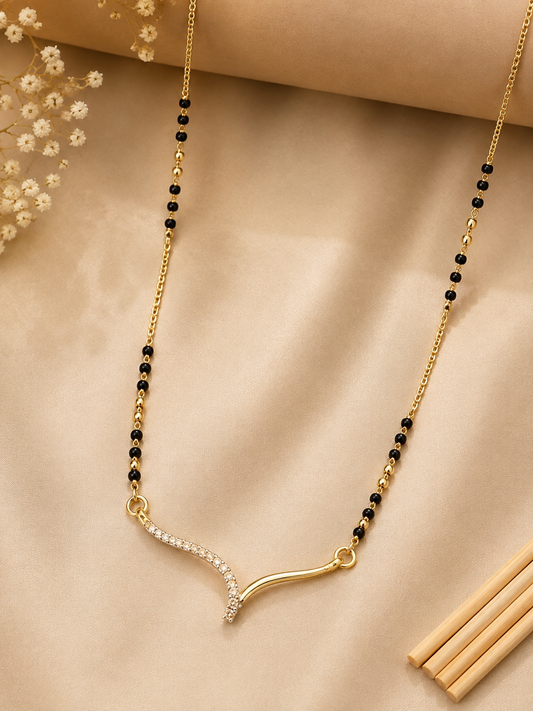 Gold Wave CZ Mangalsutra | Anti-Tarnish Stainless Steel Black Bead Necklace for Women Astria Jewellery