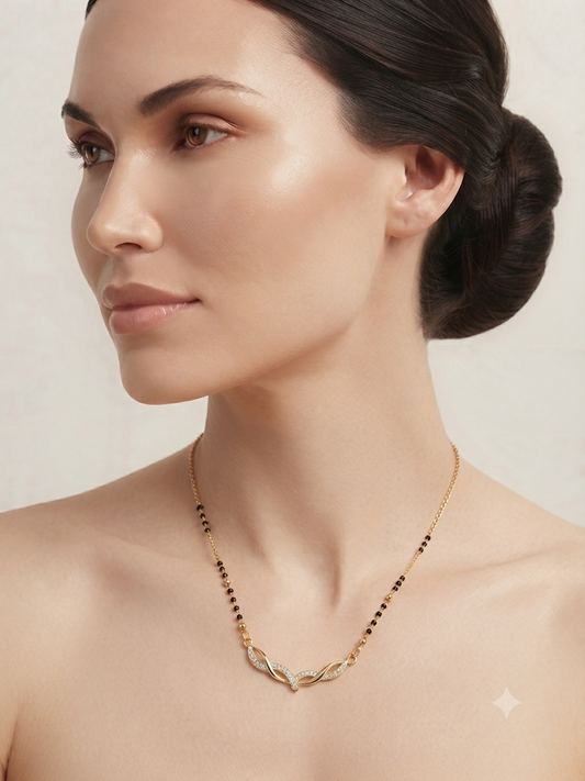 Gold Leaf CZ Mangalsutra | Anti-Tarnish Stainless Steel Black Bead Necklace for Women Astria Jewellery