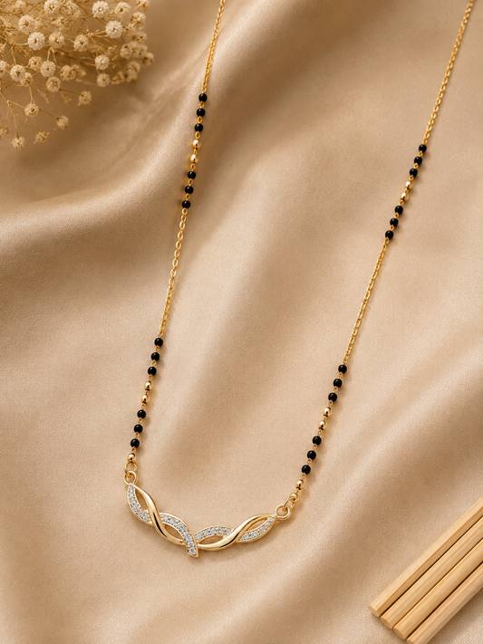 Gold Leaf CZ Mangalsutra | Anti-Tarnish Stainless Steel Black Bead Necklace for Women Astria Jewellery