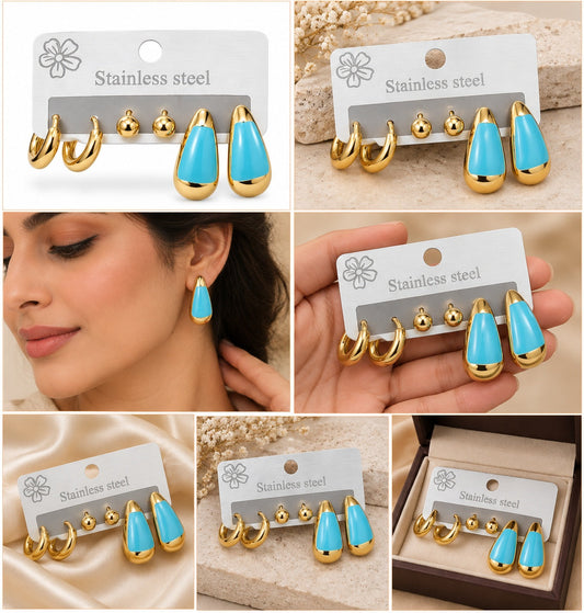 Gold Plated BLUE Teardrop Stud Hoop Earrings Set for Women ASTRIA JEWELLERY