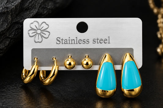 Gold Plated BLUE Teardrop Stud Hoop Earrings Set for Women ASTRIA JEWELLERY