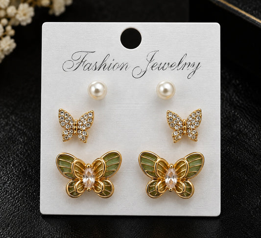 Gold Plated Butterfly Pearl Stud Earrings Set ASTRIA JEWELLERY
