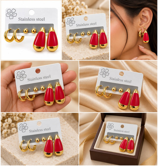Gold Plated Red Teardrop Stud Hoop Earrings Set for Women ASTRIA JEWELLERY