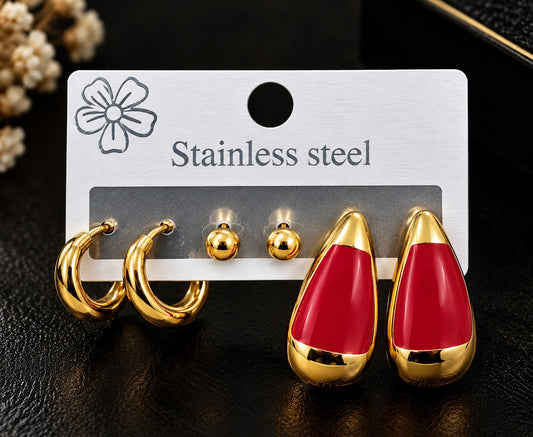 Gold Plated Red Teardrop Stud Hoop Earrings Set for Women ASTRIA JEWELLERY