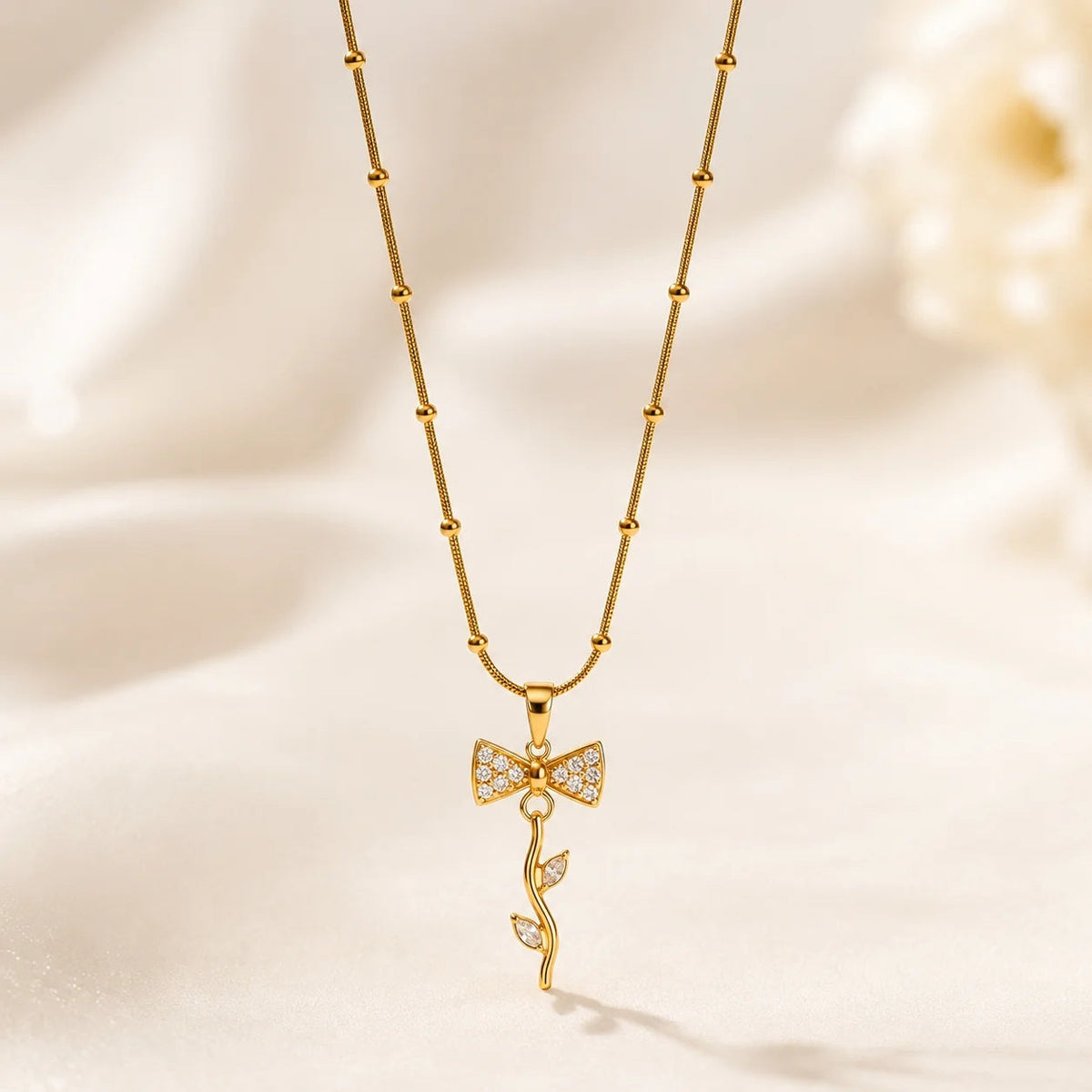 Gold Bow Knot Pendant Necklace for Women | Anti-Tarnish CZ Charm Stainless Steel Chain Astria Jewellery