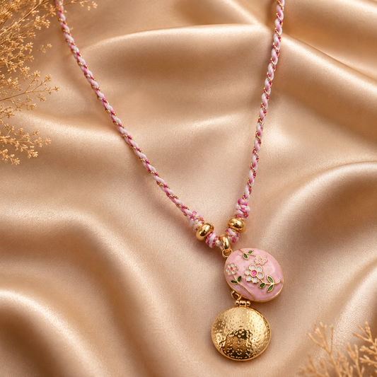 Pink Floral Locket Pendant Necklace for Women | Gold Plated Braided Cord Necklace Astria Jewellery