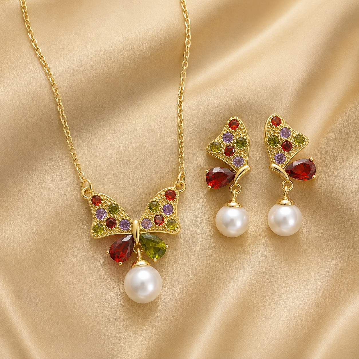 Butterfly Pearl Necklace & Earrings Set with Multicolor Crystal Stones Astria Jewellery