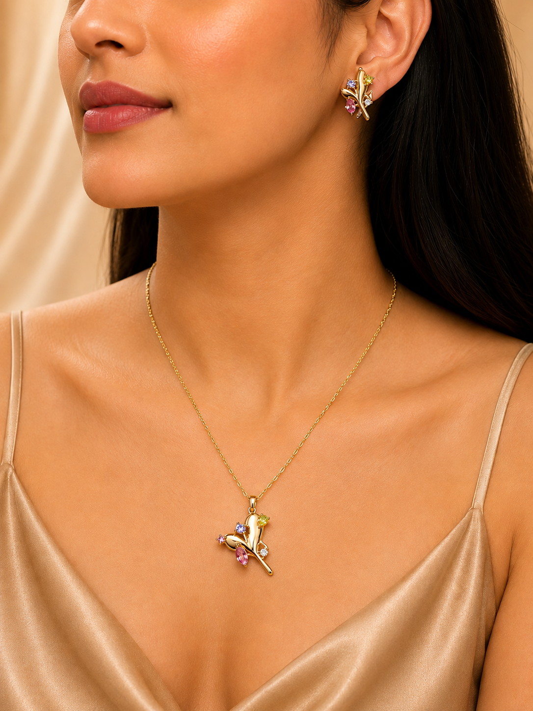 Butterfly Pearl Necklace & Earrings Set with Multicolor Crystal Stones Astria Jewellery