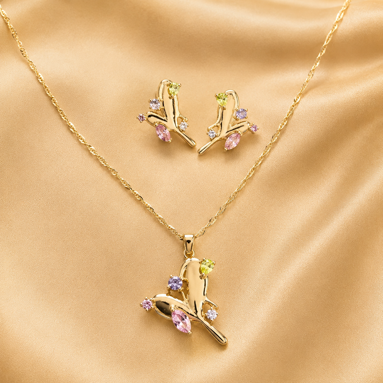 Butterfly Pearl Necklace & Earrings Set with Multicolor Crystal Stones Astria Jewellery