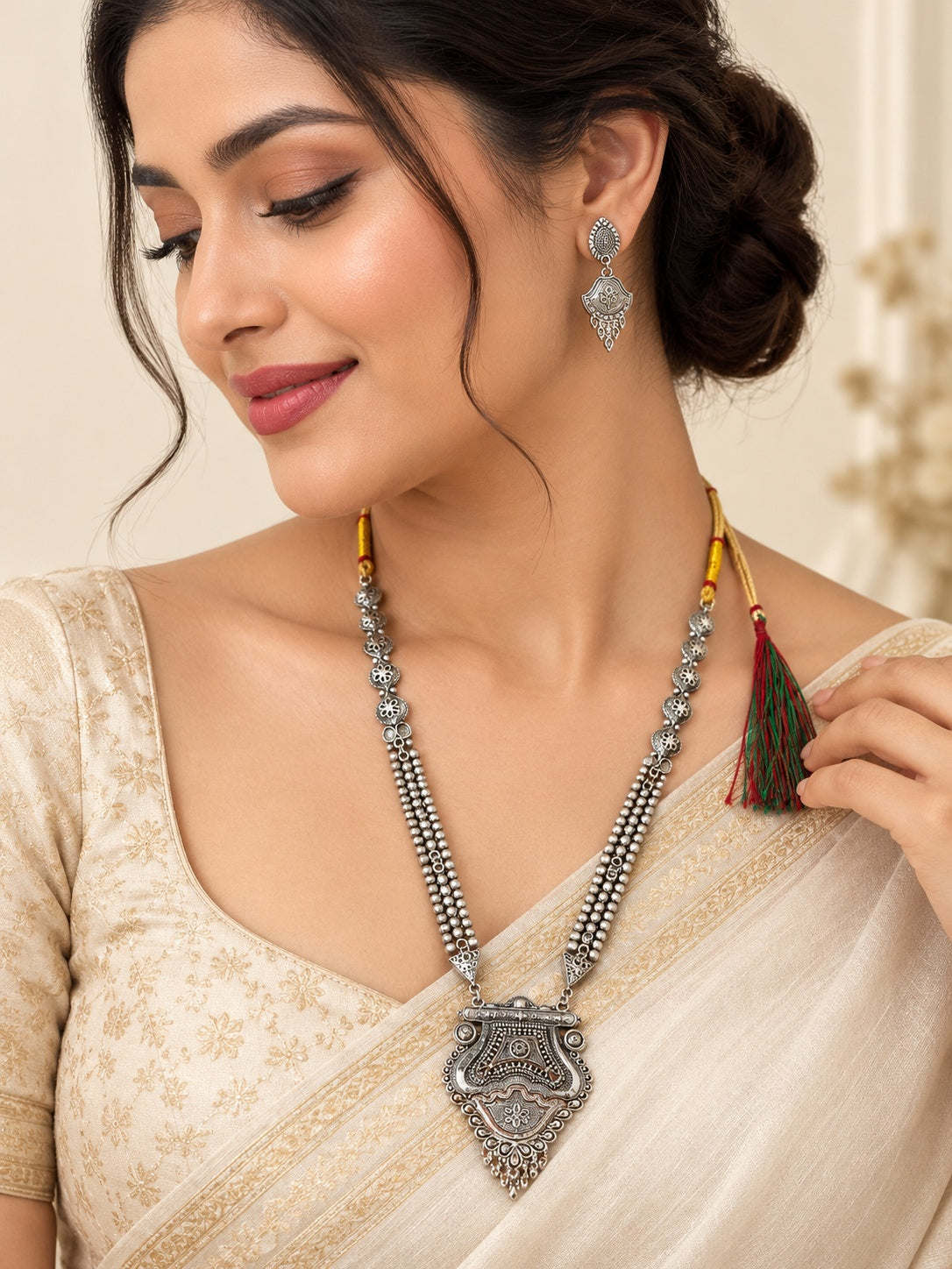 Oxidized Silver Antique Pearl Necklace Set ASTRIA JEWELLERY