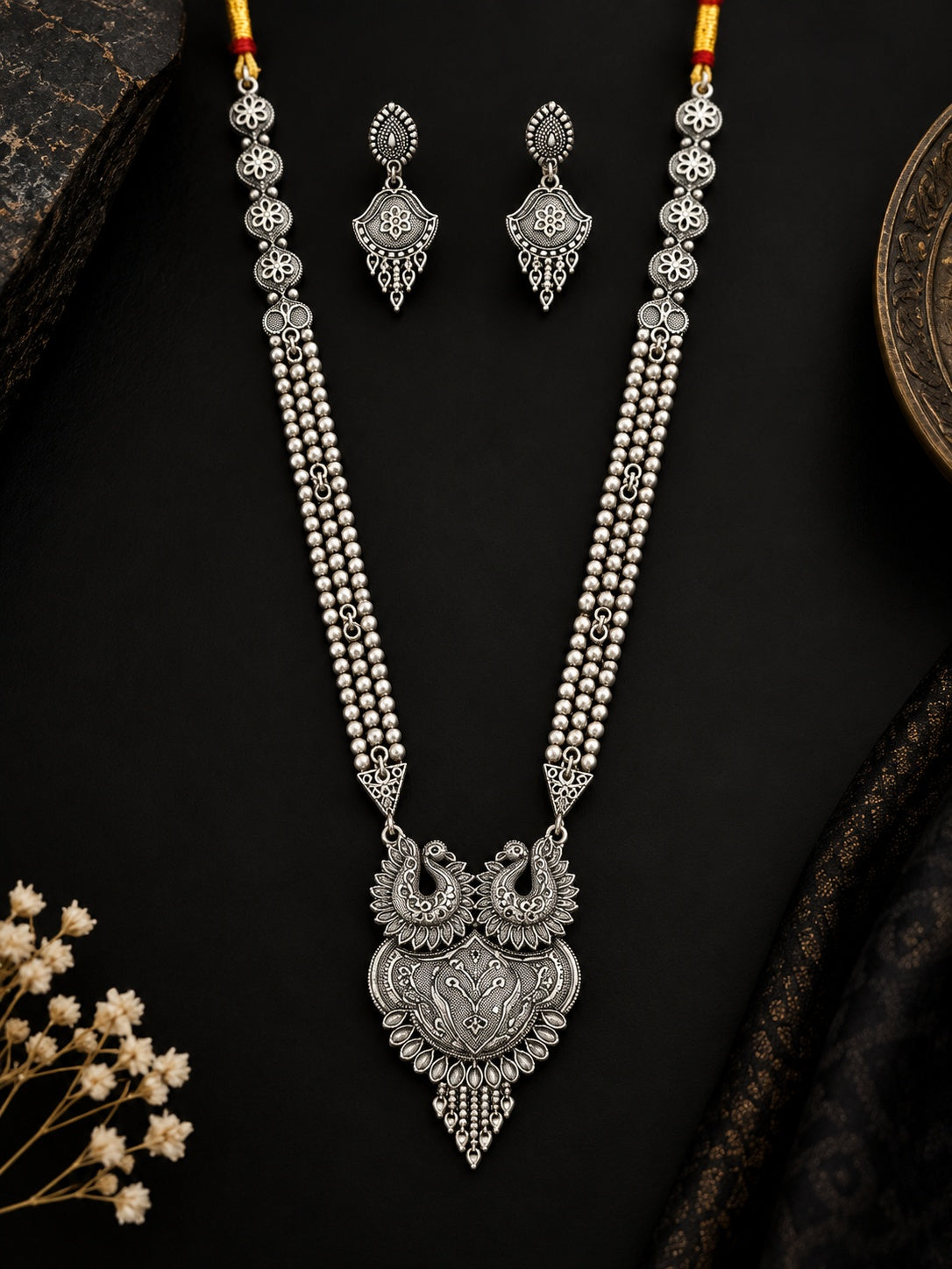 Oxidized Silver Lotus Pearl Necklace Set ASTRIA JEWELLERY