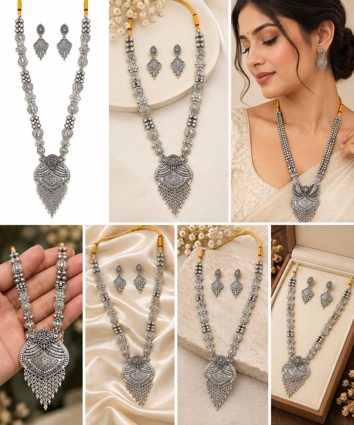 Oxidized Silver Elegant Floral Pearl Necklace Set ASTRIA JEWELLERY