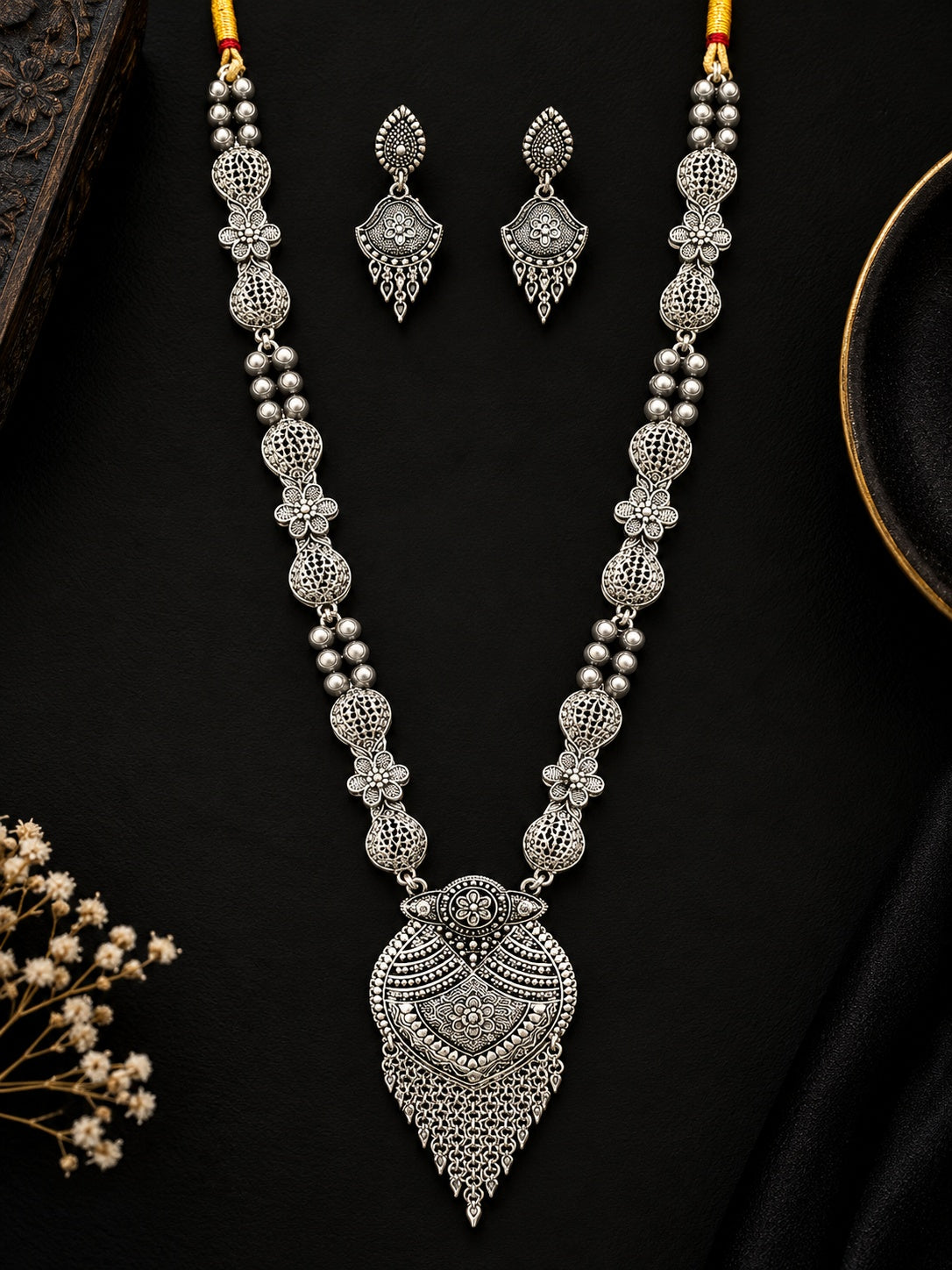 Oxidized Silver Elegant Floral Pearl Necklace Set ASTRIA JEWELLERY