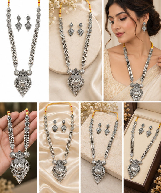 Oxidized Silver Floral Pearl Necklace Set ASTRIA JEWELLERY