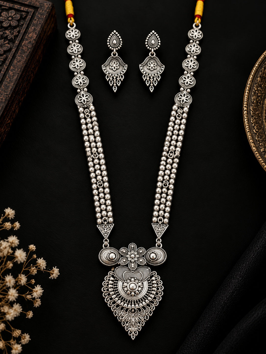 Oxidized Silver Floral Pearl Necklace Set ASTRIA JEWELLERY