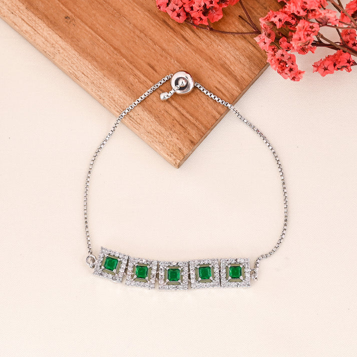 Astria Jewellery Silver Plated Green Stone Adjustable Bracelet for Women | Square Crystal Link Bracelet with Sliding Clasp | Elegant Party Wear Jewellery