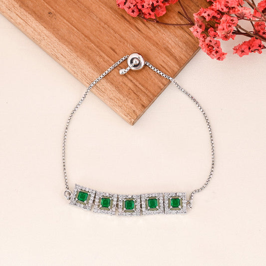 Astria Jewellery Silver Plated Green Stone Adjustable Bracelet for Women | Square Crystal Link Bracelet with Sliding Clasp | Elegant Party Wear Jewellery