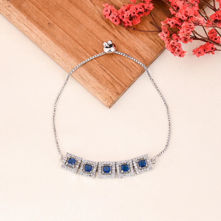 Astria Jewellery Silver Plated Blue Stone Adjustable Bracelet for Women | Square Crystal Link Bracelet with Sliding Clasp | Elegant Party Wear Jewellery