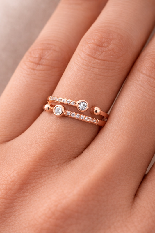 Gold-Plated Double Band CZ Ring – Adjustable Elegant Ring for Women