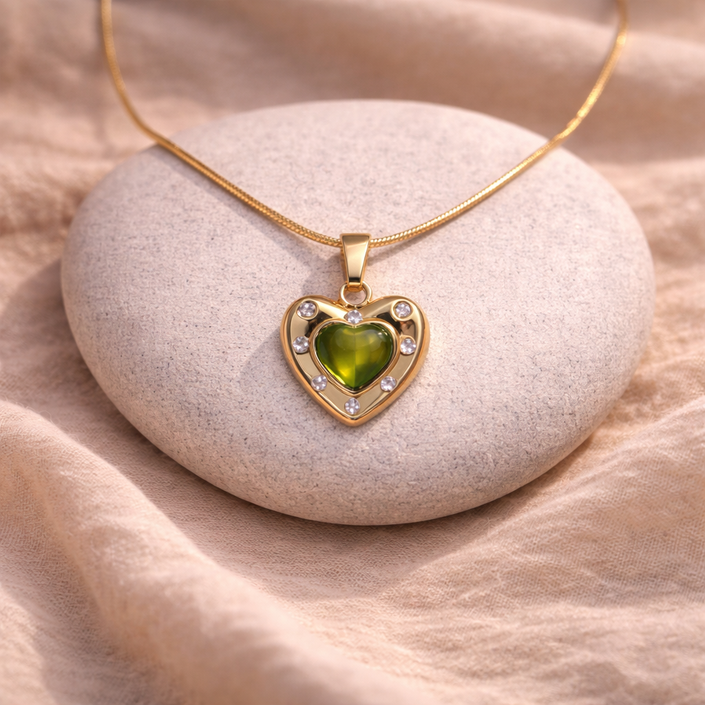 Gold Plated Green Heart Stone  Necklace