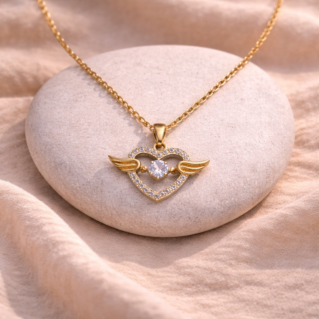 Gold necklace with a heart-shaped pendant featuring wings on a stone surface