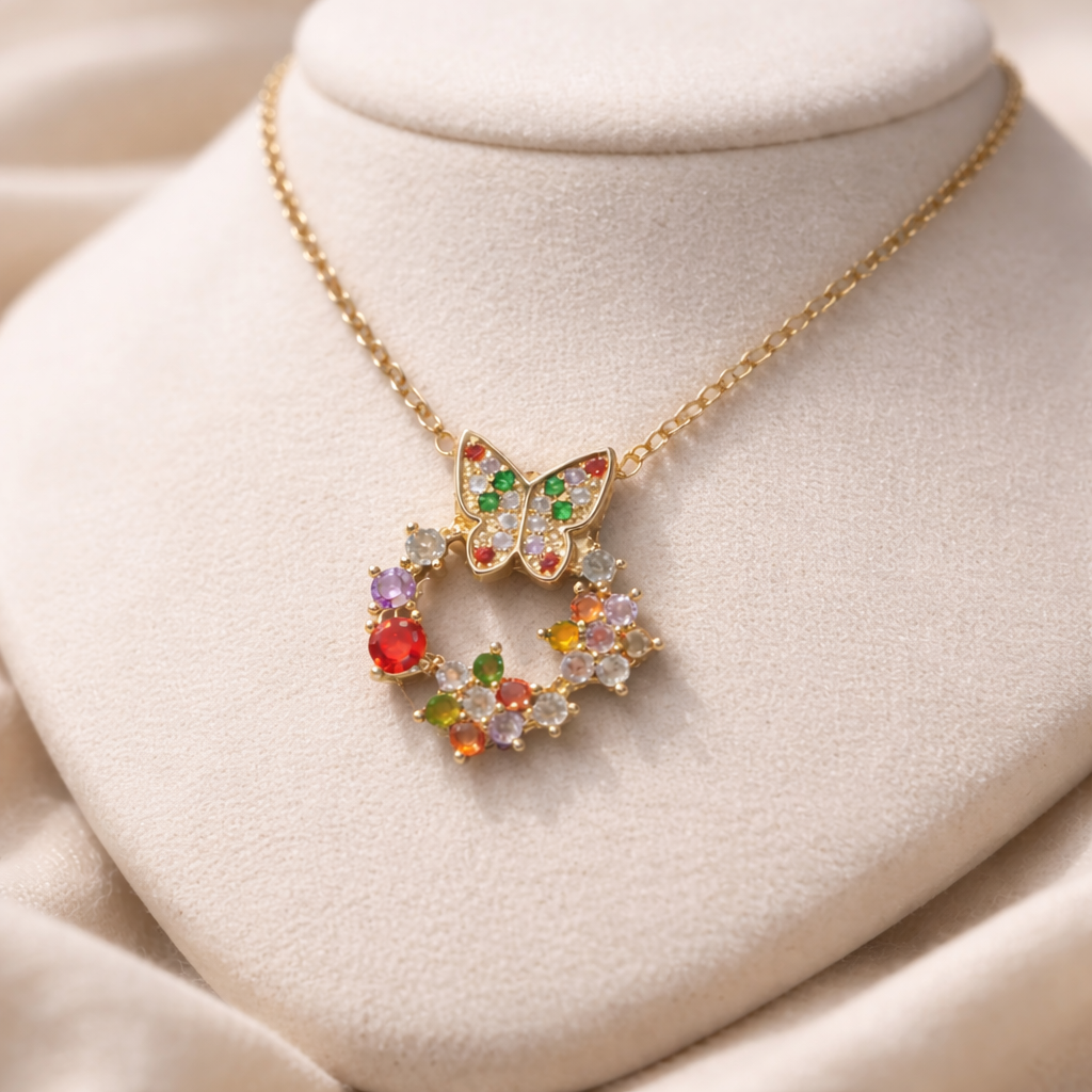 Gold Plated Multicolor Butterfly Wreath Pendant Necklace For Women