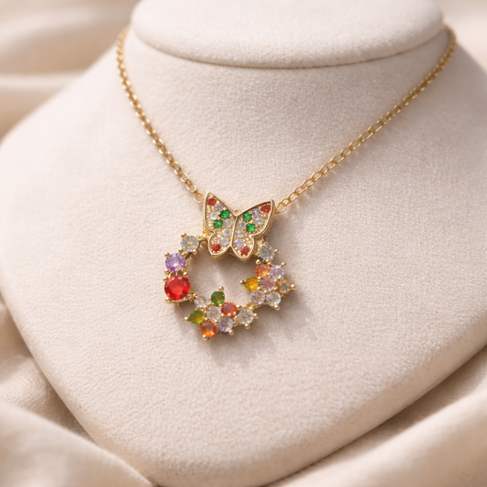 Gold Plated Multicolor Butterfly Wreath Pendant Necklace For Women