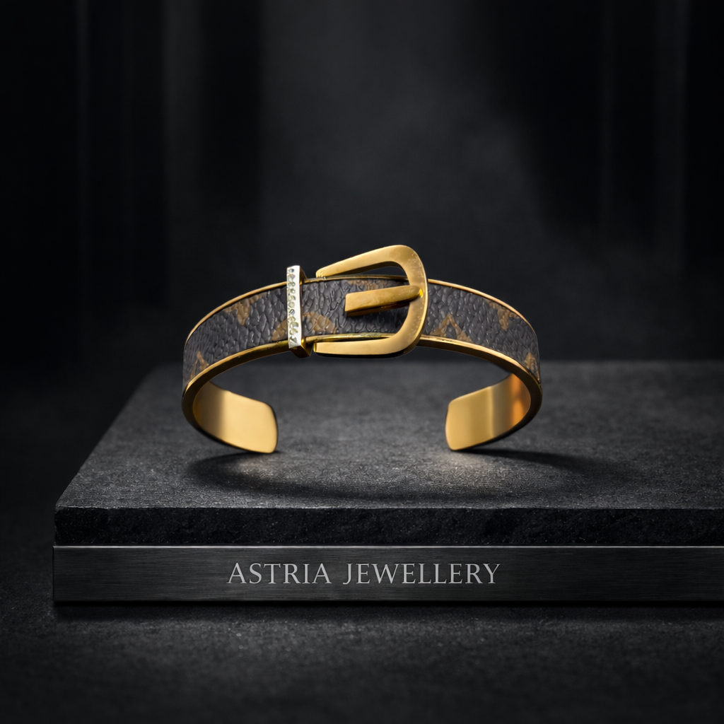 Astria Jewellery Gold Plated Belt Design Bracelet for Women | Designer Buckle Cuff Bangle with Textured Pattern | Luxury Statement Jewellery
