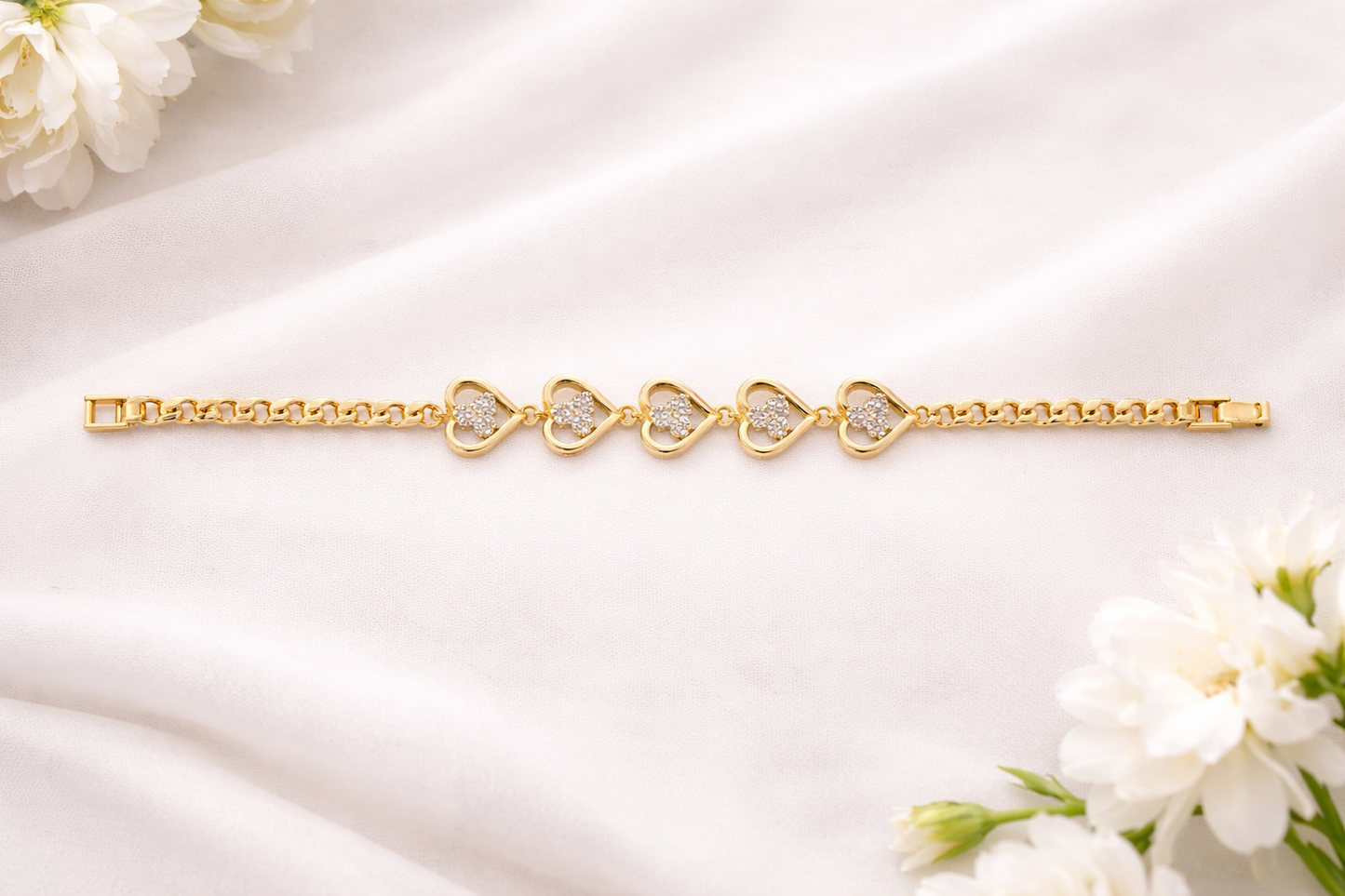 Astria Jewellery Gold Plated Heart Link Bracelet for Women | Zircon Studded Love Charm Chain | Elegant Daily & Party Wear Jewellery