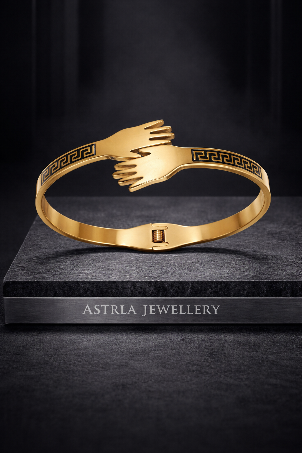 Astria Jewellery Gold Plated Hand Cuff Bracelet for Women | Designer Hug Bangle with Black Enamel Detail | Luxury Statement Jewellery