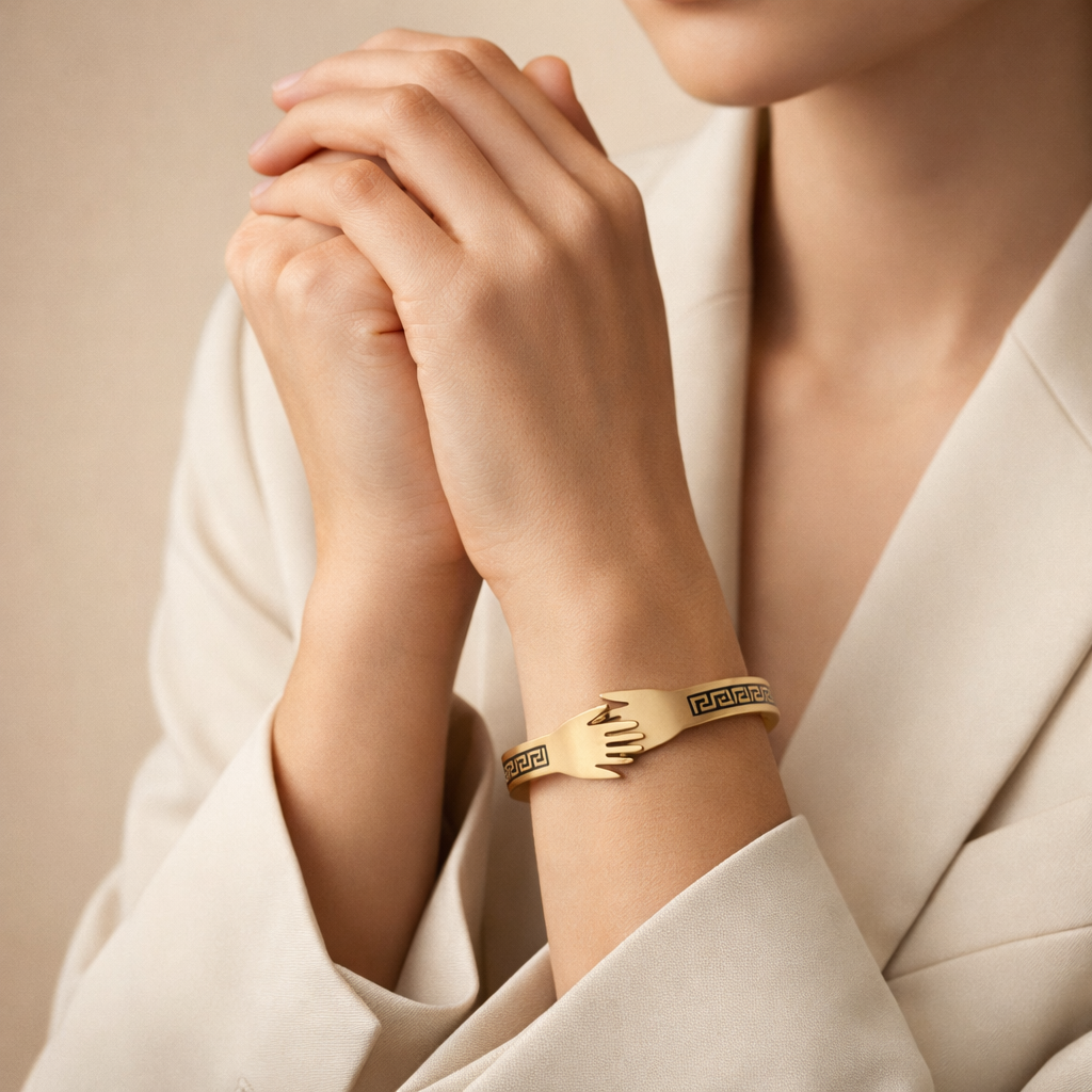 Astria Jewellery Gold Plated Hand Cuff Bracelet for Women | Designer Hug Bangle with Black Enamel Detail | Luxury Statement Jewellery