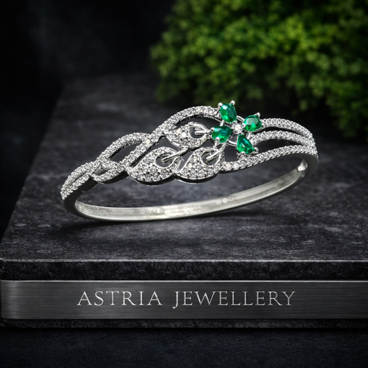 Astria Jewellery Silver Plated Green Stone Zircon Bracelet for Women | Elegant Floral Vine Design Cuff Bangle | Party & Wedding Wear Jewellery