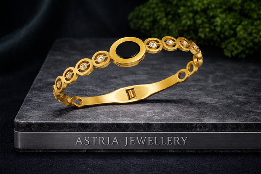 Astria Jewellery Gold Plated Black Stone Bracelet for Women | Designer Circular Link Chain Bracelet with Crystal Accents | Elegant Modern Jewellery