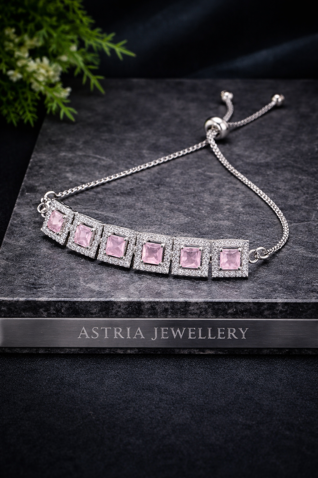 Astria Jewellery Silver Plated Pink Stone Adjustable Bracelet for Women | Square Crystal Link Bracelet with Sliding Clasp | Elegant Party Wear Jewellery