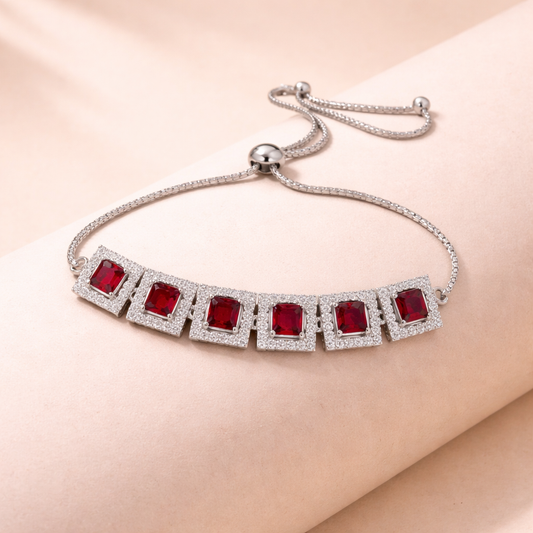 Astria Jewellery Silver Plated Red Stone Adjustable Bracelet for Women | Square Crystal Link Bracelet with Sliding Clasp | Elegant Party Wear Jewellery