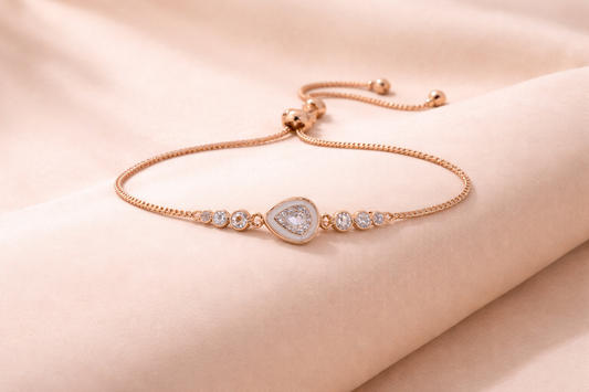 Astria Jewellery Rose Gold Plated Heart Crystal Adjustable Bracelet for Women | Elegant Teardrop Stone Slider Bracelet | Minimal Party Wear Jewellery