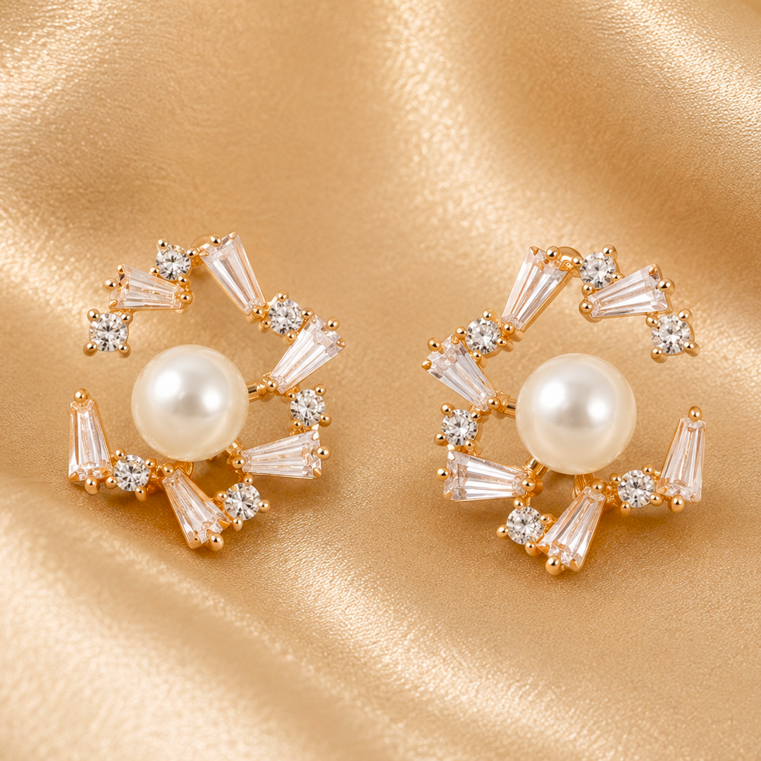 Elegant Gold-Tone Pearl & Crystal Floral Stud Earrings for Women Astria Jewellery