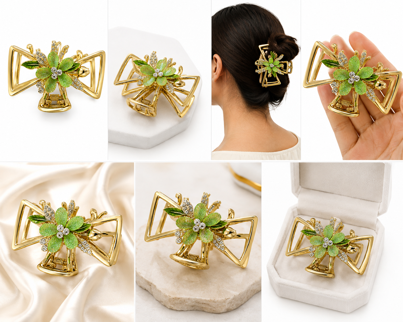 Luxury Gold-Tone Green Floral Crystal Hair Claw Clip for Women Astria Jewellery