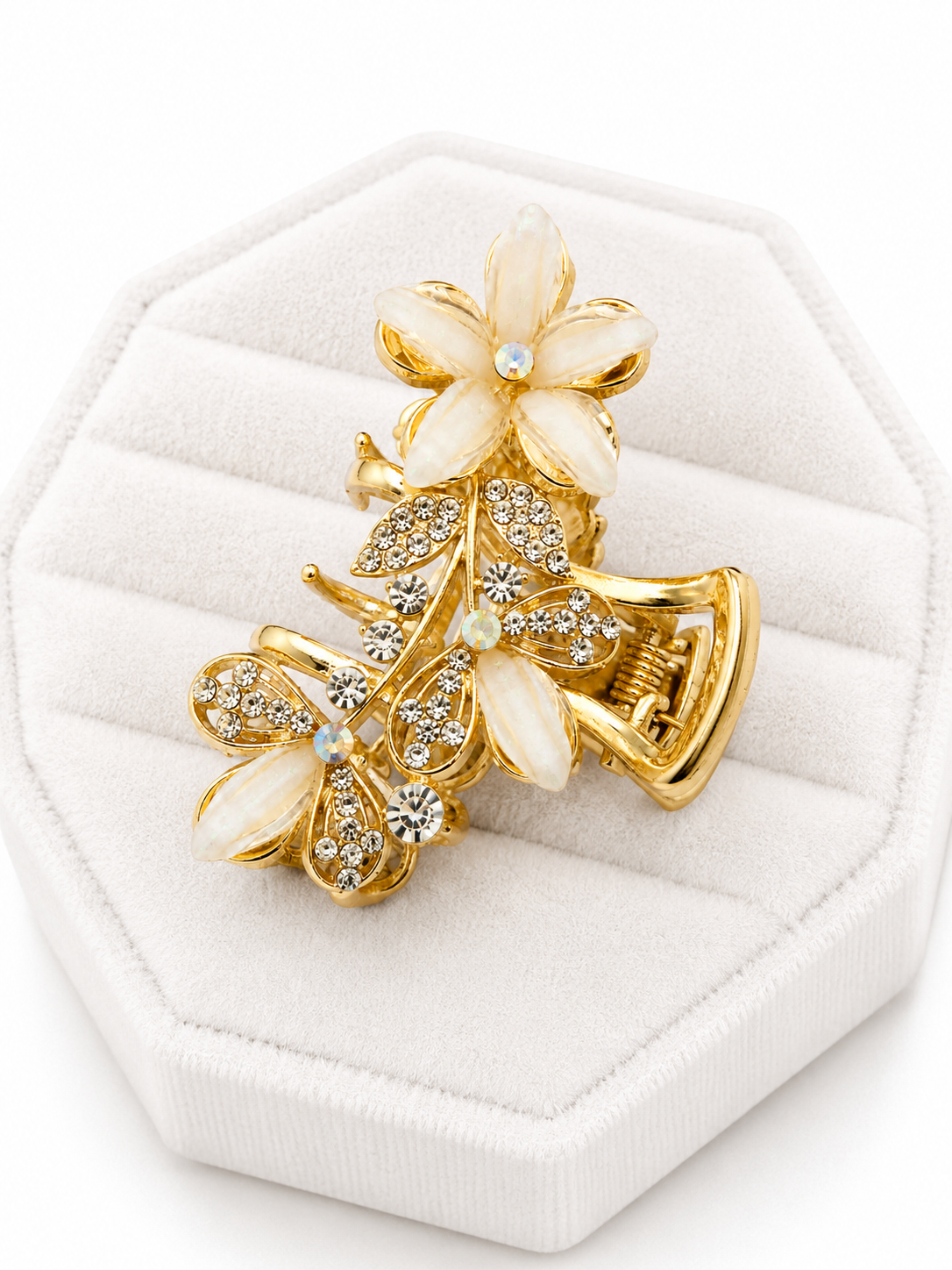 Luxury Gold-Tone White Floral Crystal Hair Claw Clip for Women Astria Jewellery